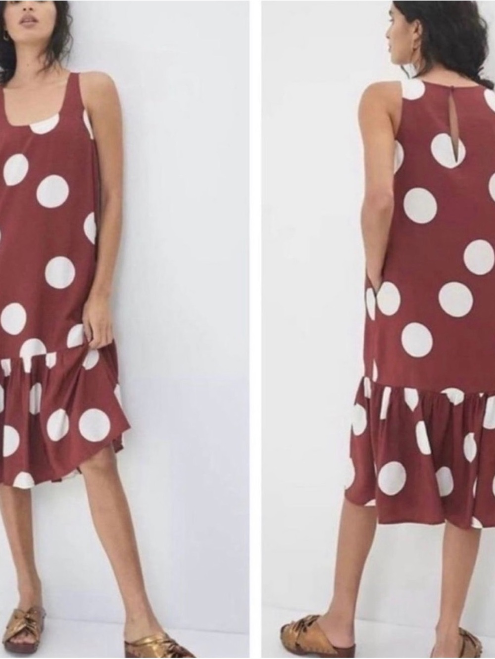 Anthropologie Polka Dot Sleeveless Ruffle Hem Dress — Rust & White